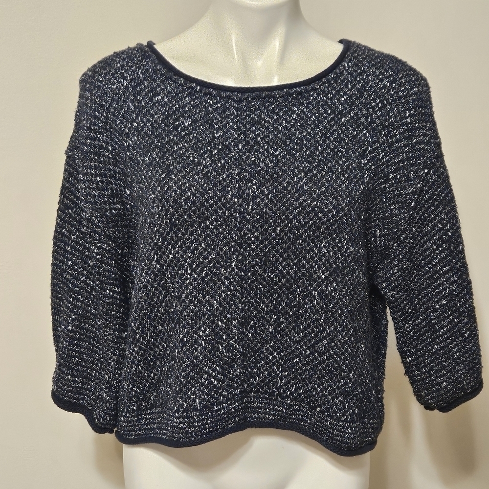 Free People Blue and White Crew Neck Sweater